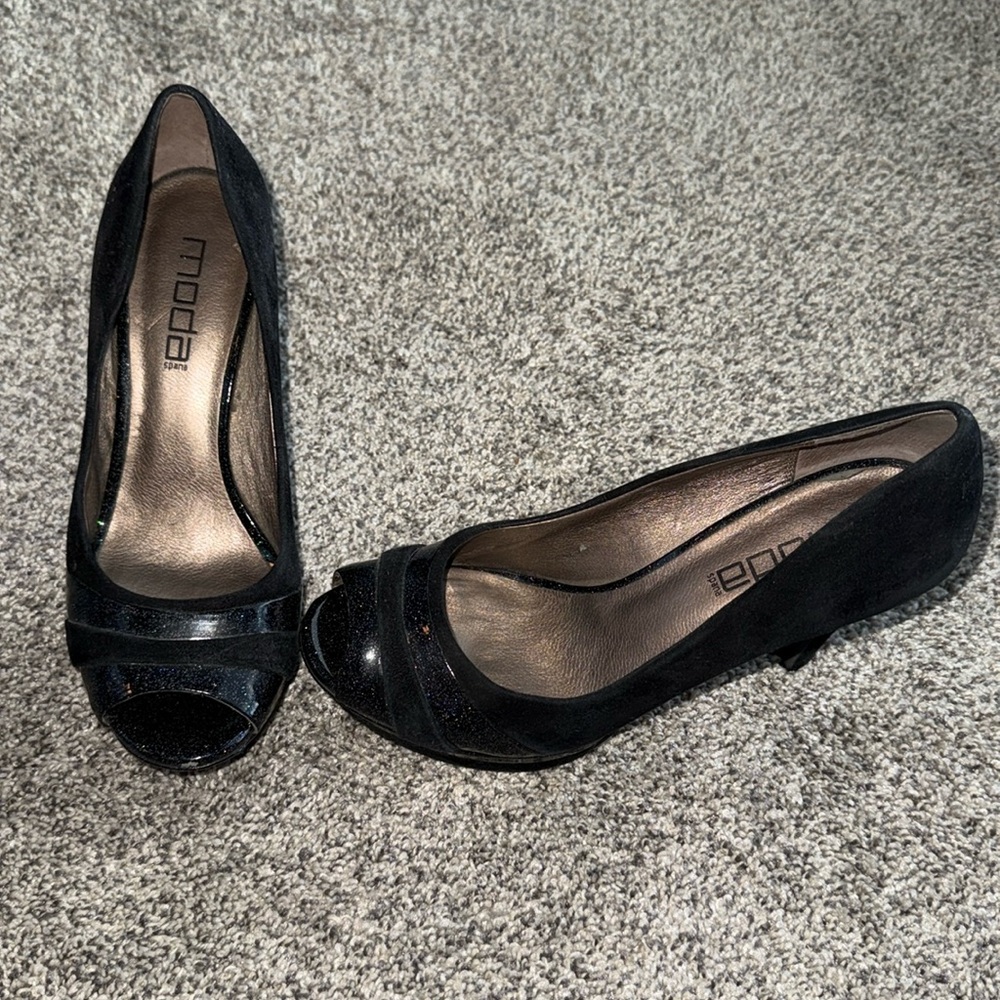Moda Spana Shoe Black Suede Peep Toe Platform Pumps Shoe Glitter Band, sz 9